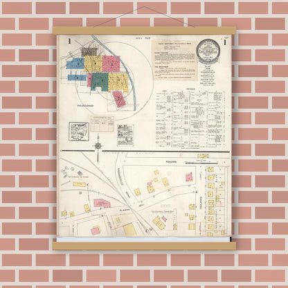 Old map wall art mockup — magnetic wood frame on brick wall — Sanborn Fire Insurance Map from Caldwell, Noble County, Ohio (1932), Sheet #0001