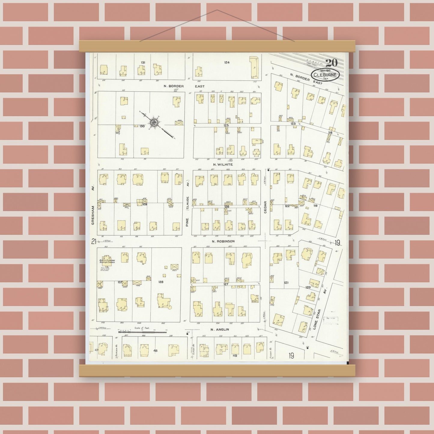 Old map wall art mockup — magnetic wood frame on brick wall — Sanborn Fire Insurance Map from Cleburne, Johnson County, Texas (1910), Sheet #0020
