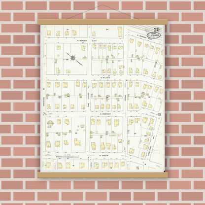 Old map wall art mockup — magnetic wood frame on brick wall — Sanborn Fire Insurance Map from Cleburne, Johnson County, Texas (1910), Sheet #0020