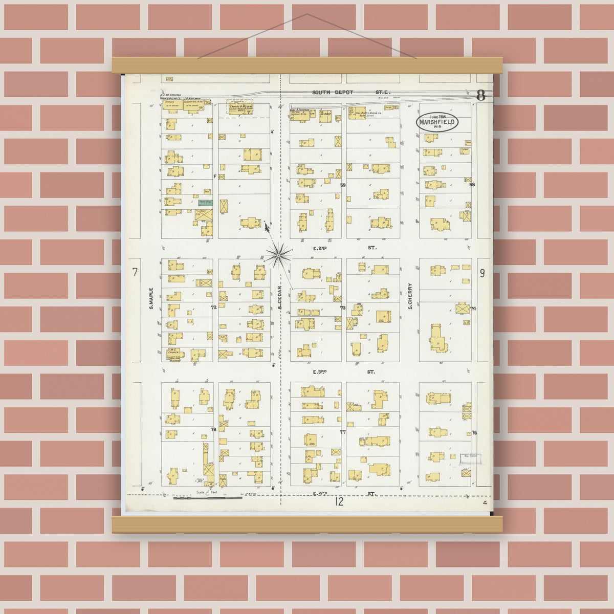 Old map wall art mockup — magnetic wood frame on brick wall — Sanborn Fire Insurance Map from Marshfield, Wood County, Wisconsin (1904), Sheet #0008