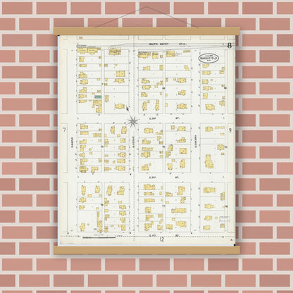 Old map wall art mockup — magnetic wood frame on brick wall — Sanborn Fire Insurance Map from Marshfield, Wood County, Wisconsin (1904), Sheet #0008