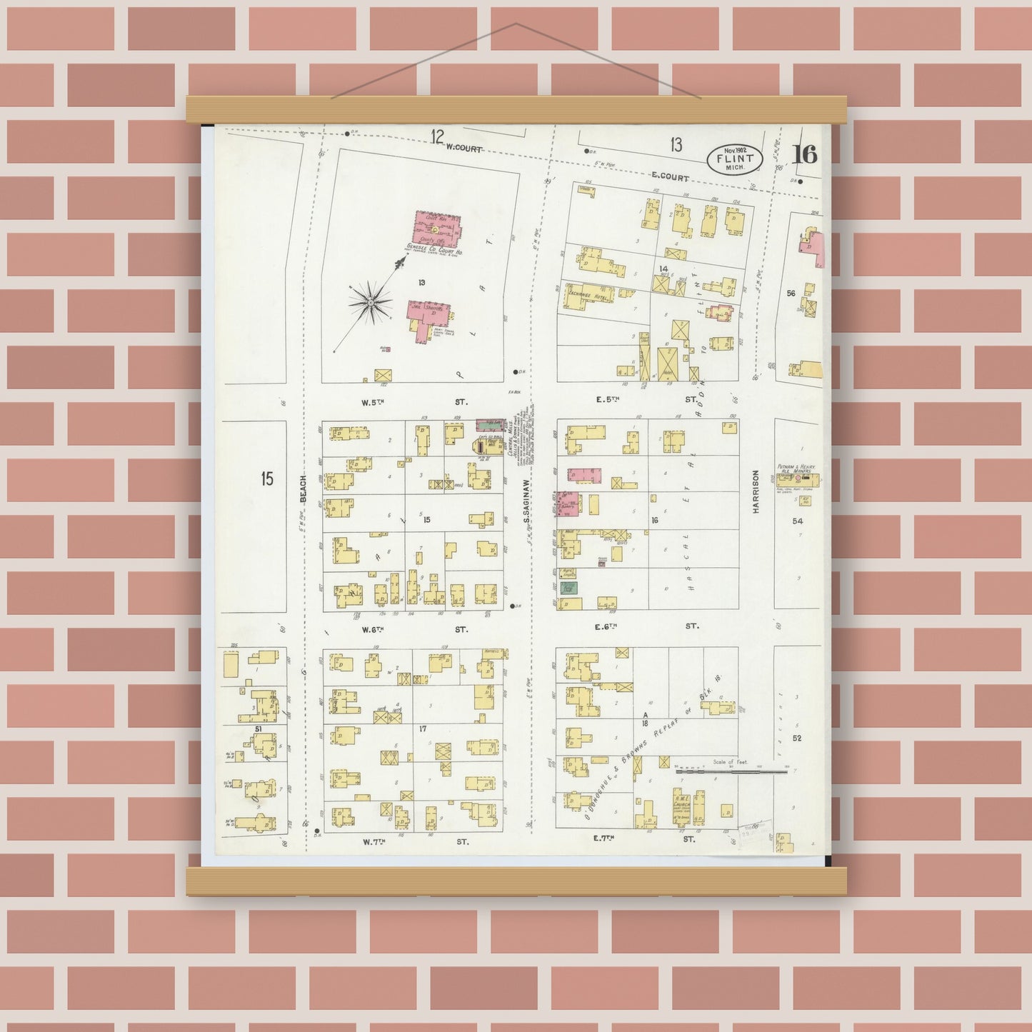 Old map wall art mockup — magnetic wood frame on brick wall — Sanborn Fire Insurance Map from Flint, Genesee County, Michigan (1902), Sheet #0016