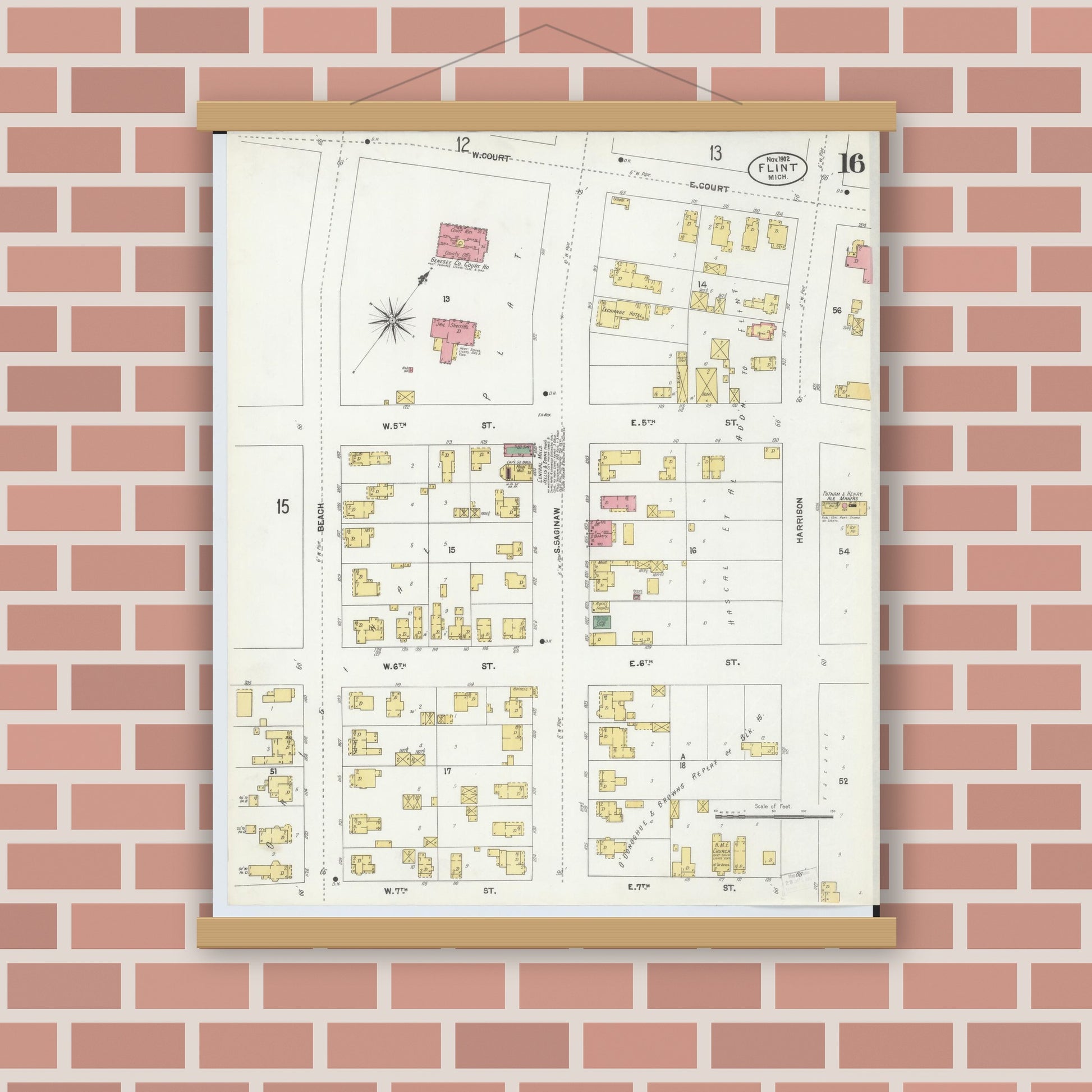 Old map wall art mockup — magnetic wood frame on brick wall — Sanborn Fire Insurance Map from Flint, Genesee County, Michigan (1902), Sheet #0016