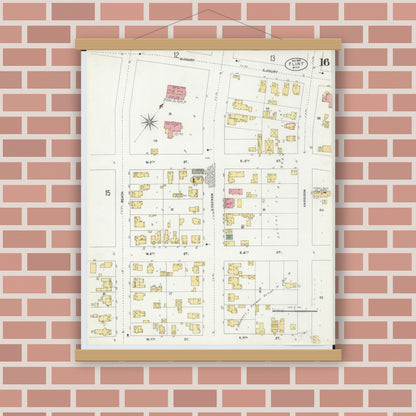 Old map wall art mockup — magnetic wood frame on brick wall — Sanborn Fire Insurance Map from Flint, Genesee County, Michigan (1902), Sheet #0016