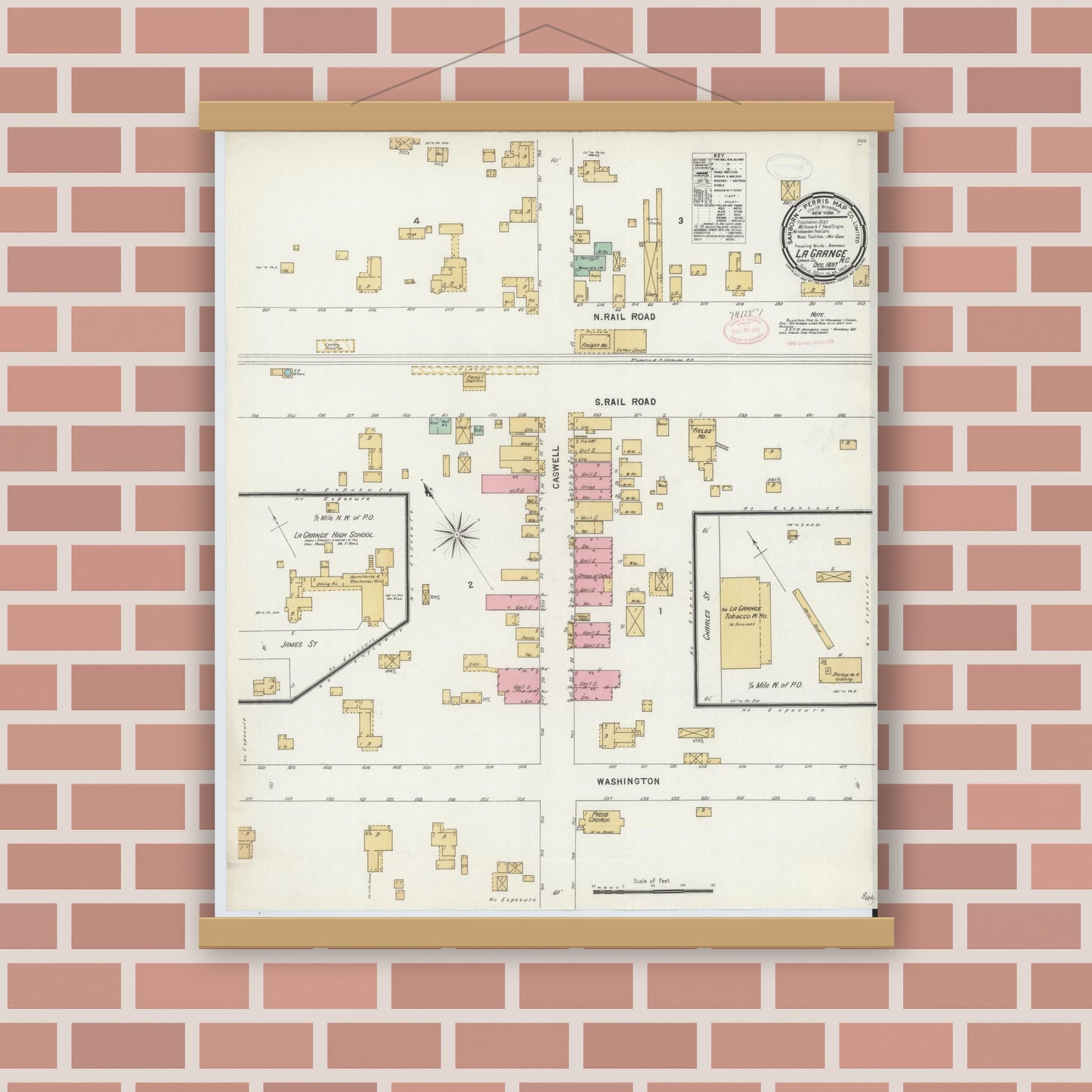 Old map wall art mockup — magnetic wood frame on brick wall — Sanborn Fire Insurance Map from La Grange, Lenoir County, North Carolina (1897), Sheet #0001