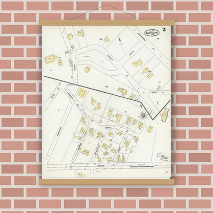 Old map wall art mockup — magnetic wood frame on brick wall — Sanborn Fire Insurance Map from Nantucket, Nantucket County, Massachusetts (1904), Sheet #0002