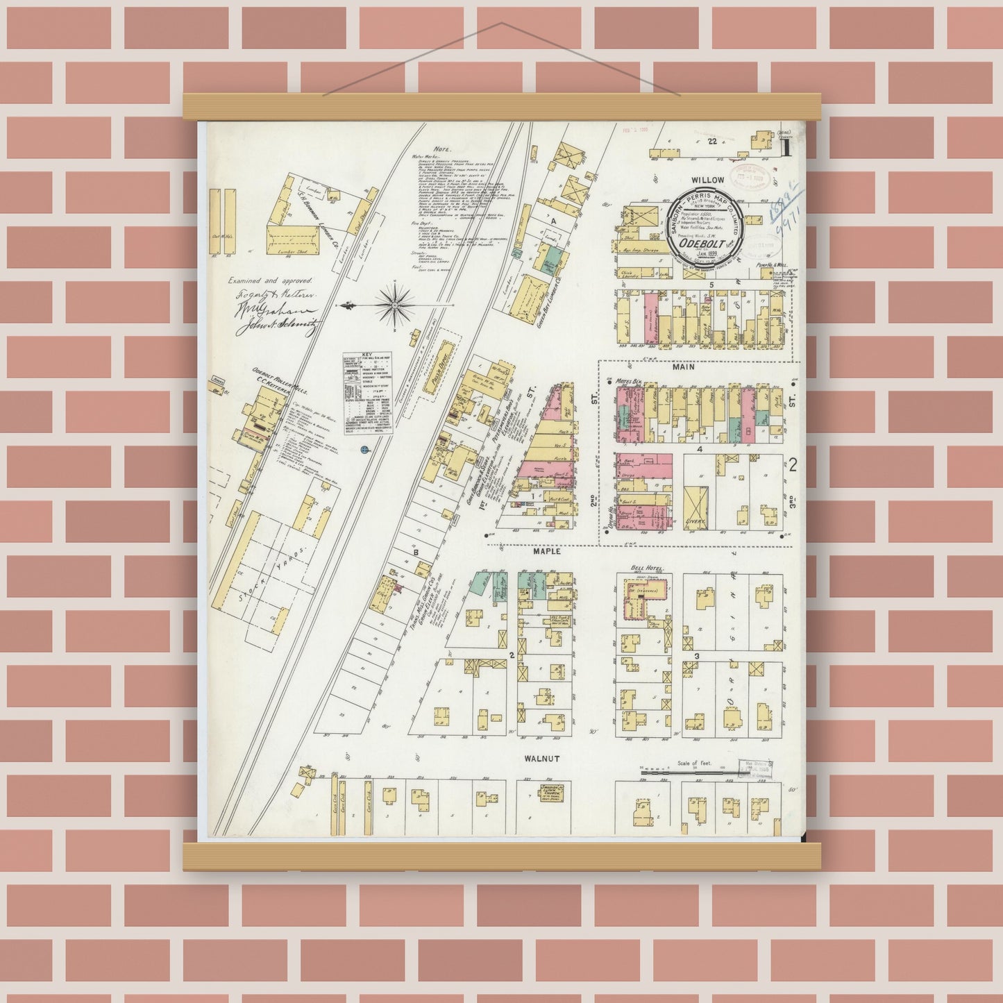Old map wall art mockup — magnetic wood frame on brick wall — Sanborn Fire Insurance Map from Odebolt, Sac County, Iowa (1899), Sheet #0001