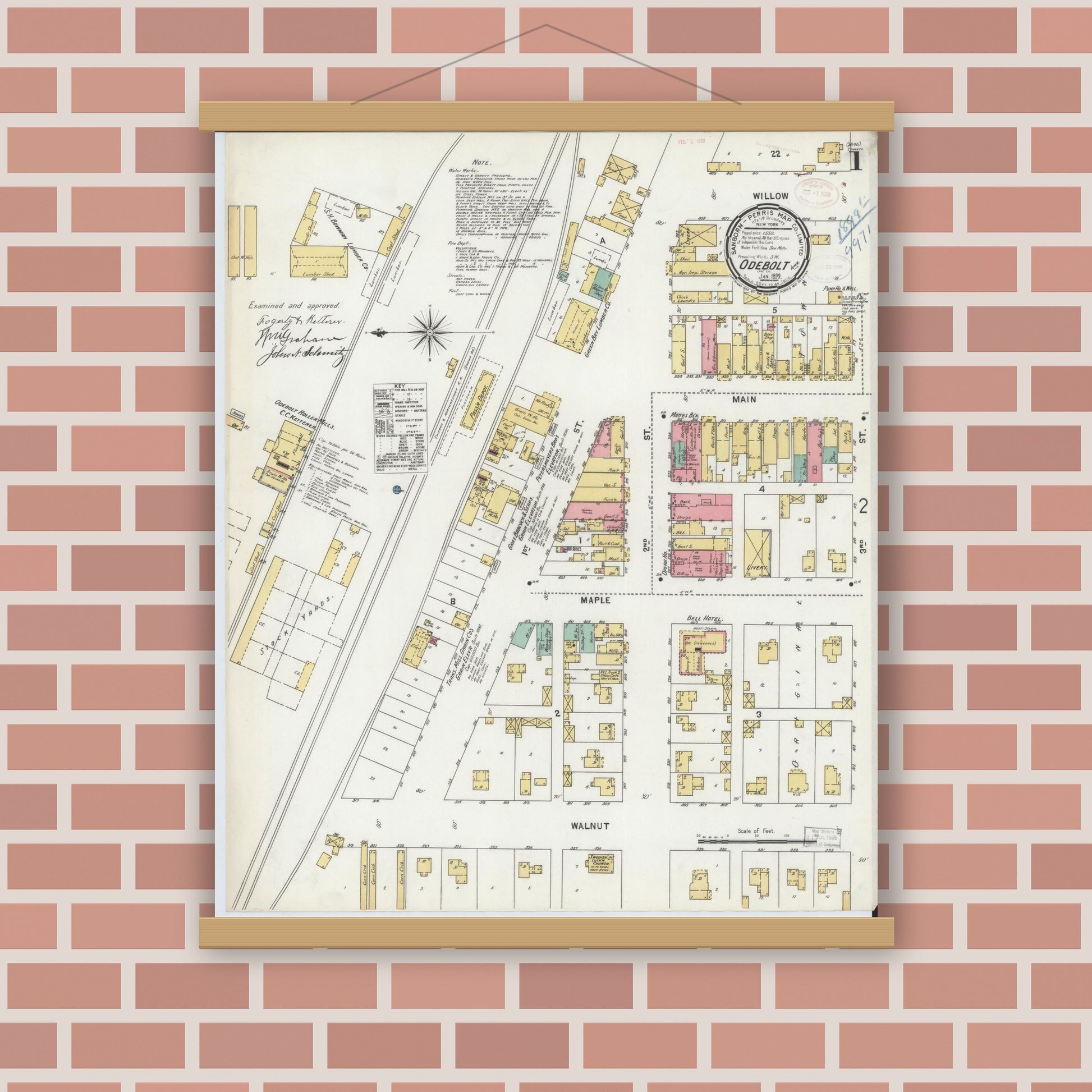 Old map wall art mockup — magnetic wood frame on brick wall — Sanborn Fire Insurance Map from Odebolt, Sac County, Iowa (1899), Sheet #0001
