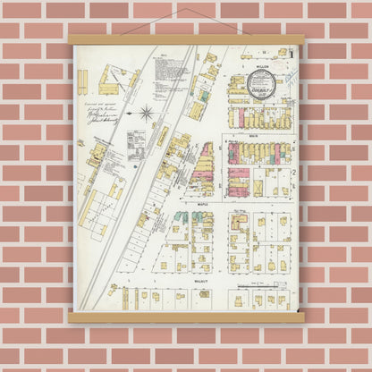 Old map wall art mockup — magnetic wood frame on brick wall — Sanborn Fire Insurance Map from Odebolt, Sac County, Iowa (1899), Sheet #0001