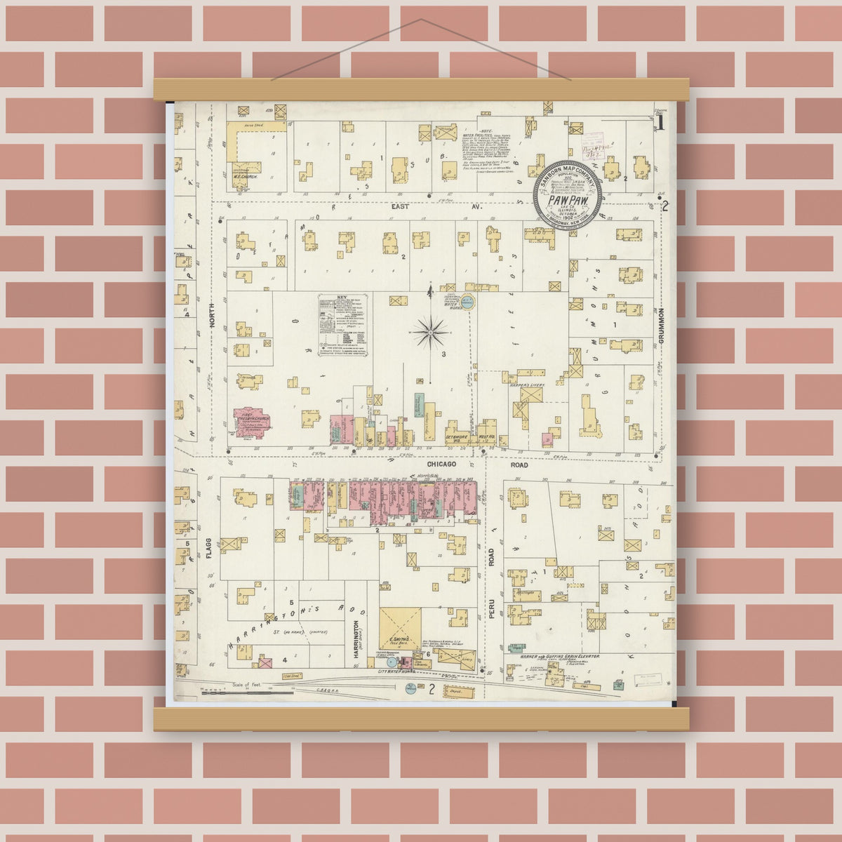 Old map wall art mockup — magnetic wood frame on brick wall — Sanborn Fire Insurance Map from Paw Paw, Lee County, Illinois (1902) - Complete Map Set