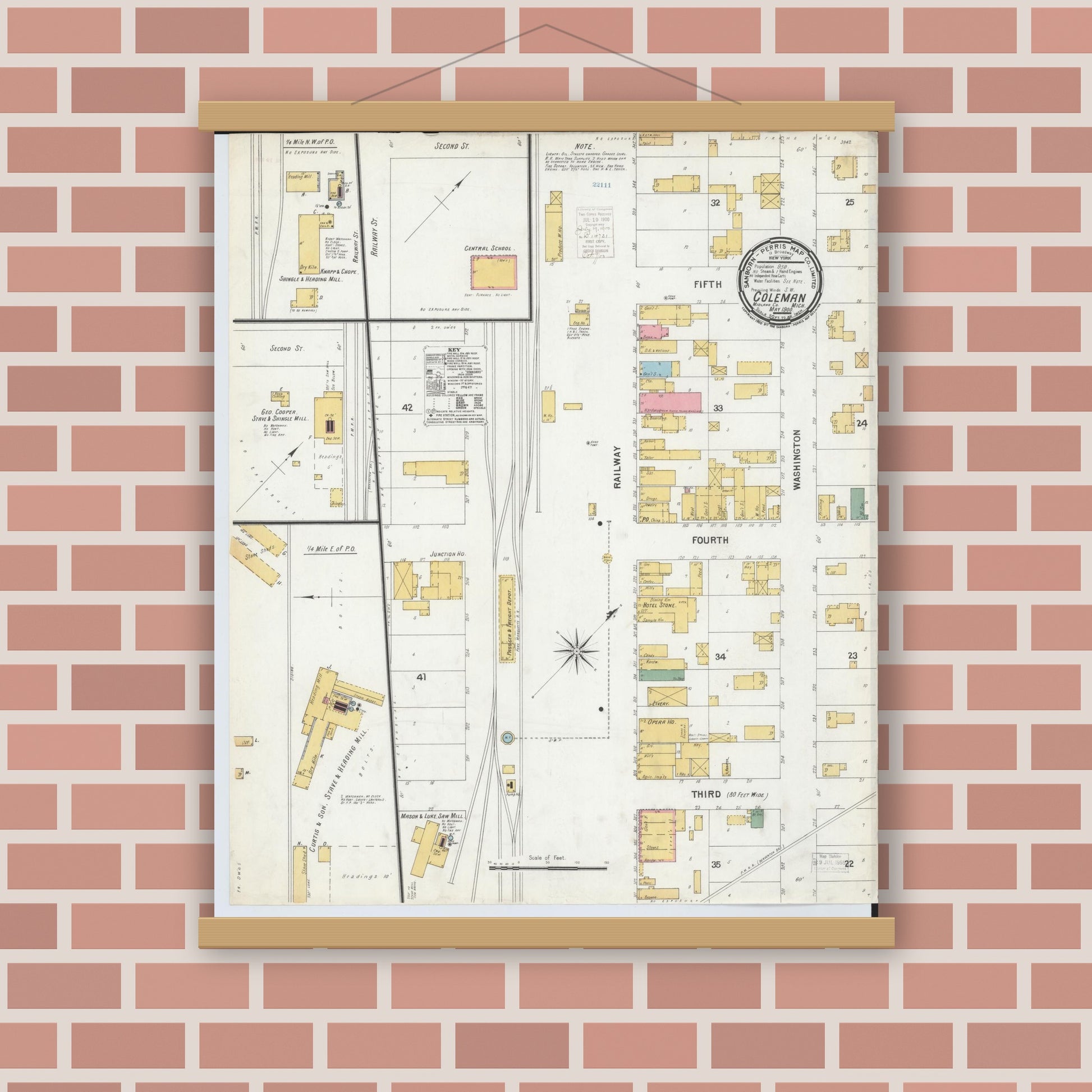 Old map wall art mockup — magnetic wood frame on brick wall — Sanborn Fire Insurance Map from Coleman, Midland County, Michigan (1900), Sheet #0001