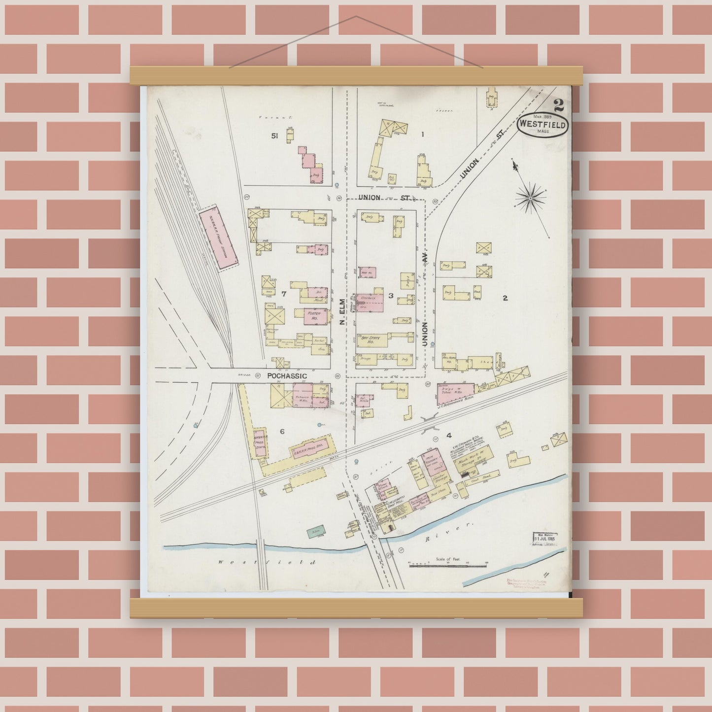 Old map wall art mockup — magnetic wood frame on brick wall — Sanborn Fire Insurance Map from Westfield, Hampden County, Massachusetts (1889), Sheet #0002