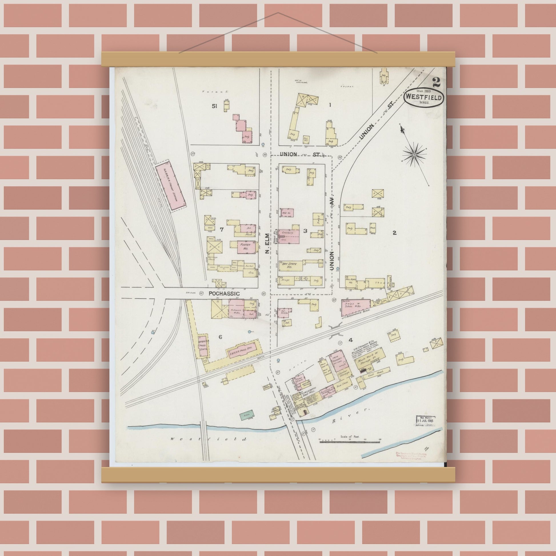 Old map wall art mockup — magnetic wood frame on brick wall — Sanborn Fire Insurance Map from Westfield, Hampden County, Massachusetts (1889), Sheet #0002