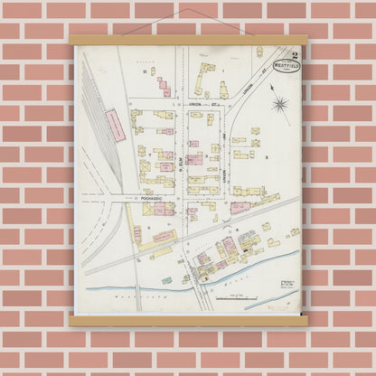 Old map wall art mockup — magnetic wood frame on brick wall — Sanborn Fire Insurance Map from Westfield, Hampden County, Massachusetts (1889), Sheet #0002