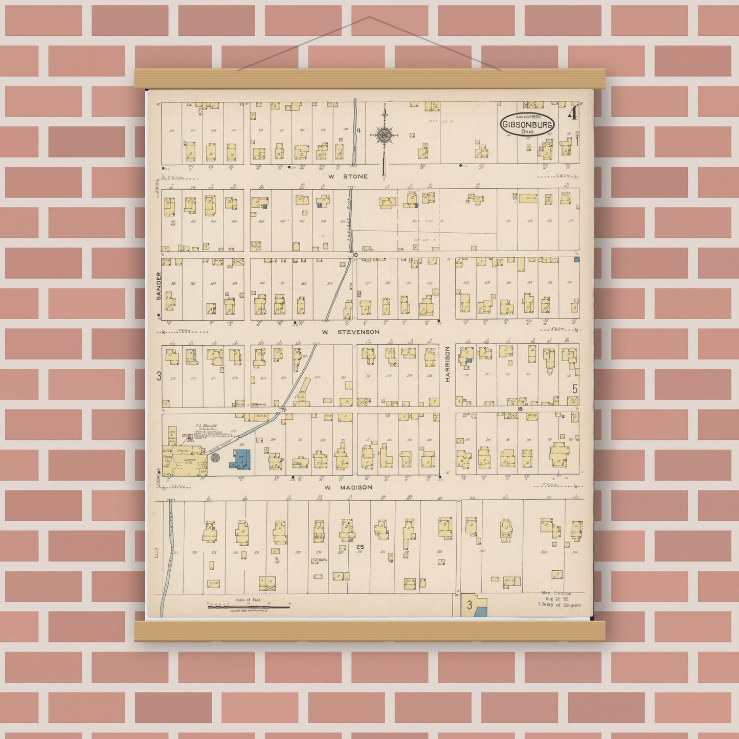 Old map wall art mockup — magnetic wood frame on brick wall — Sanborn Fire Insurance Map from Gibsonburg, Sandusky County, Ohio (1922), Sheet #0004