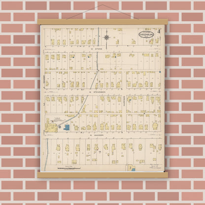 Old map wall art mockup — magnetic wood frame on brick wall — Sanborn Fire Insurance Map from Gibsonburg, Sandusky County, Ohio (1922), Sheet #0004