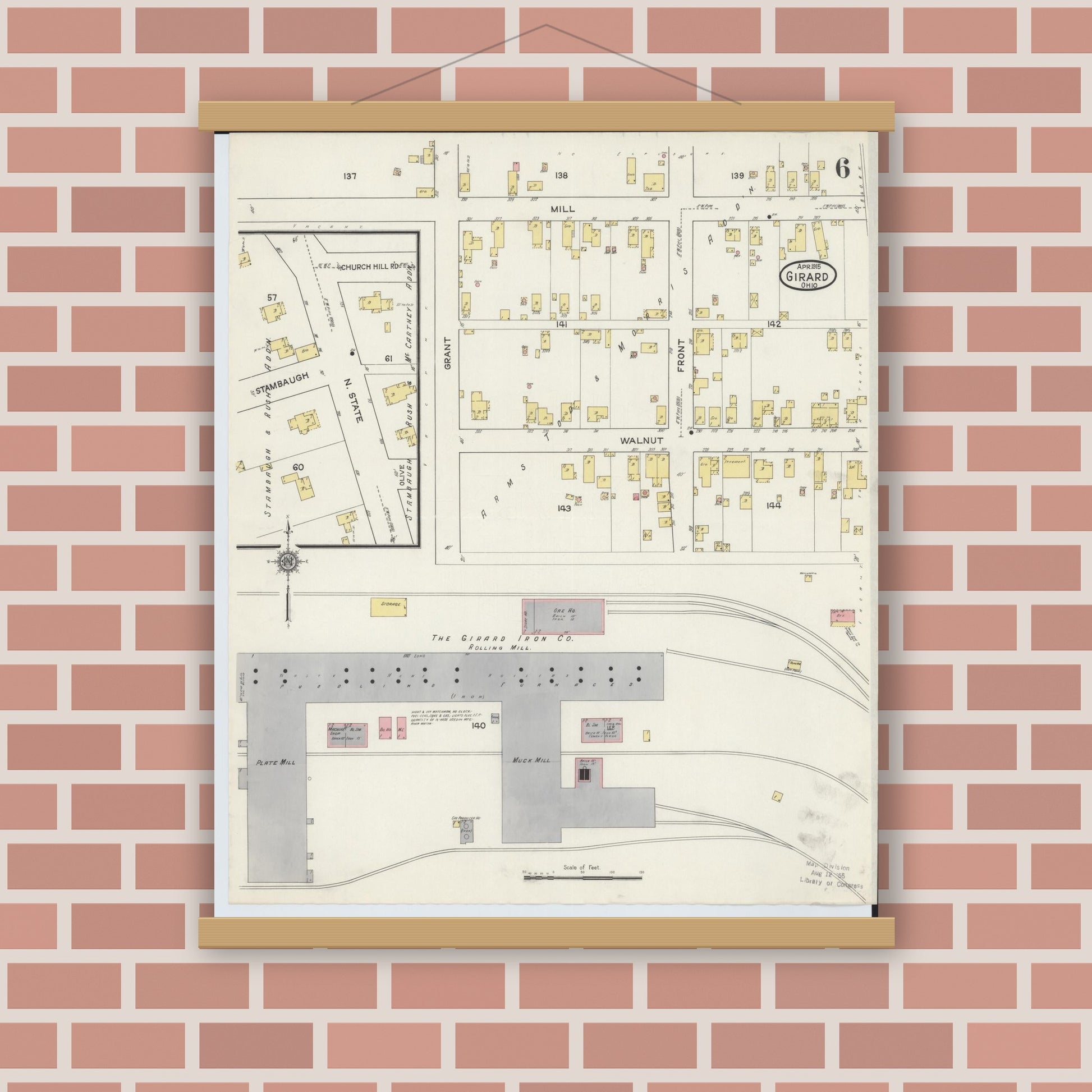 Old map wall art mockup — magnetic wood frame on brick wall — Sanborn Fire Insurance Map from Girard, Trumbull County, Ohio (1915), Sheet #0006
