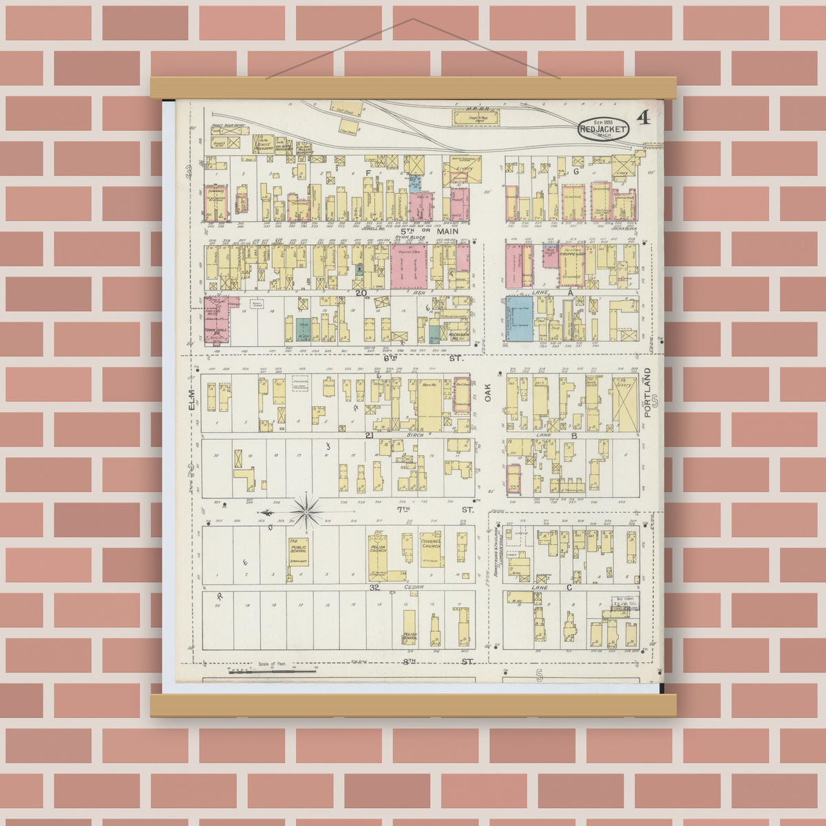 Old map wall art mockup — magnetic wood frame on brick wall — Sanborn Fire Insurance Map from Red Jacket, Houghton County, Michigan (1893), Sheet #0004