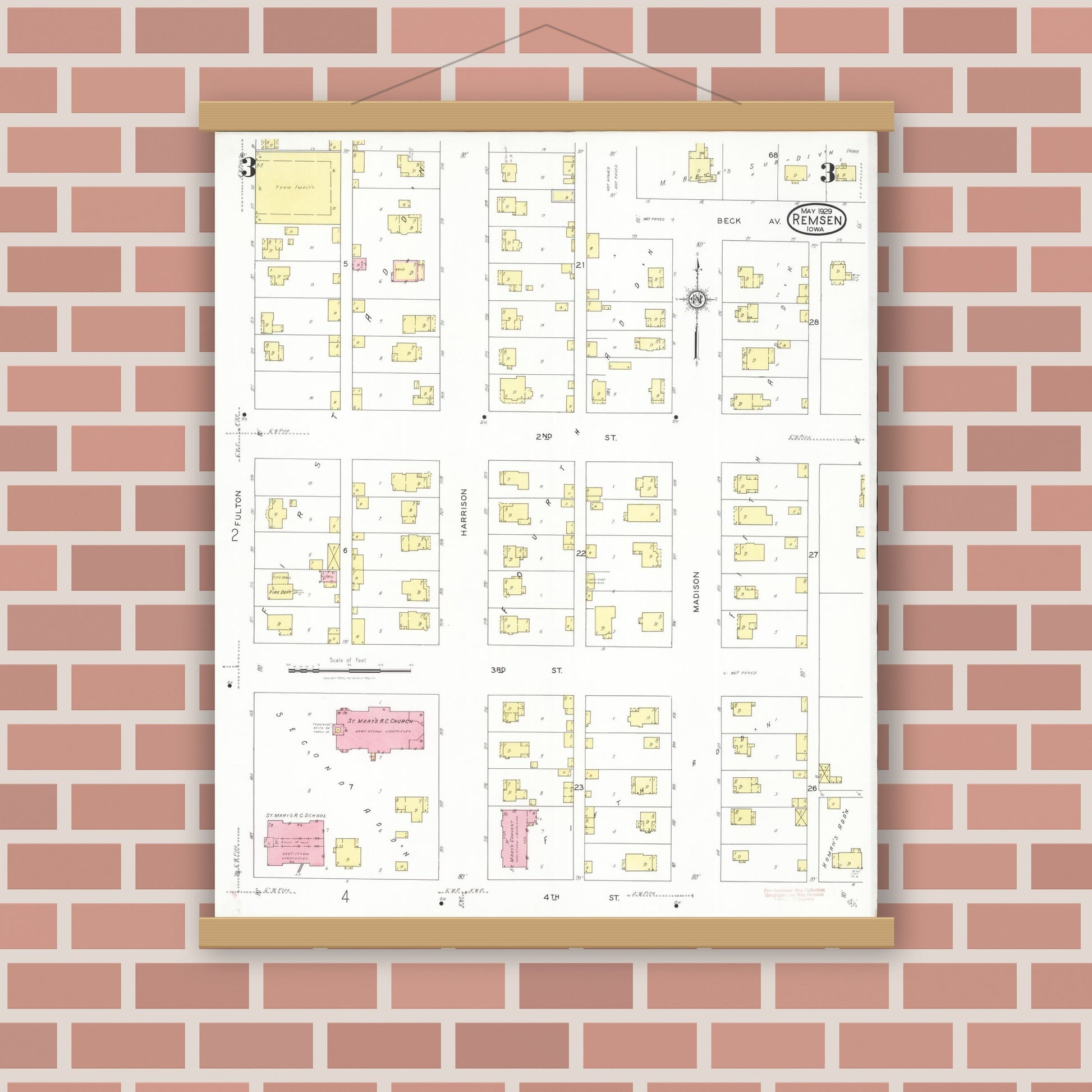 Old map wall art mockup — magnetic wood frame on brick wall — Sanborn Fire Insurance Map from Remsen, Plymouth County, Iowa (1929), Sheet #0003