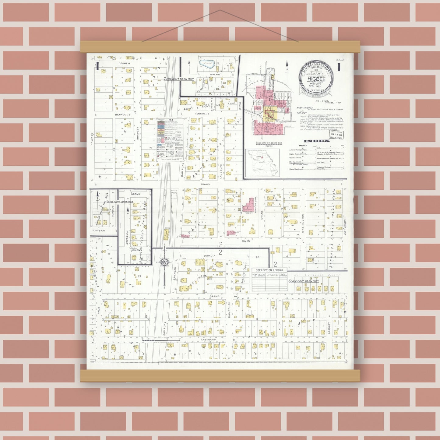 Old map wall art mockup — magnetic wood frame on brick wall — Sanborn Fire Insurance Map from Higbee, Randolph County, Missouri (1933), Sheet #0001