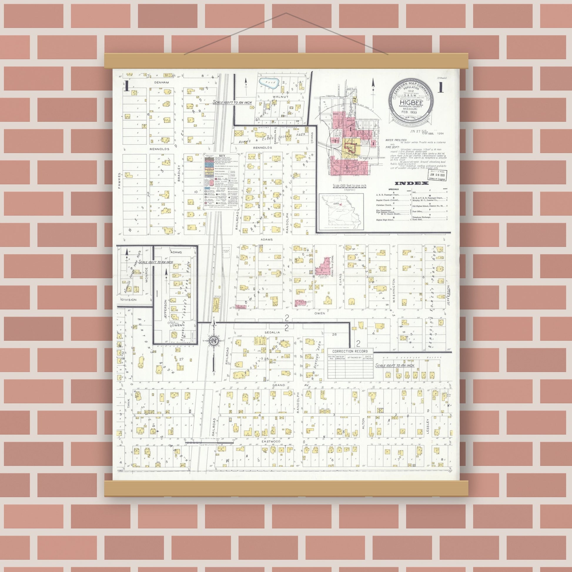 Old map wall art mockup — magnetic wood frame on brick wall — Sanborn Fire Insurance Map from Higbee, Randolph County, Missouri (1933), Sheet #0001