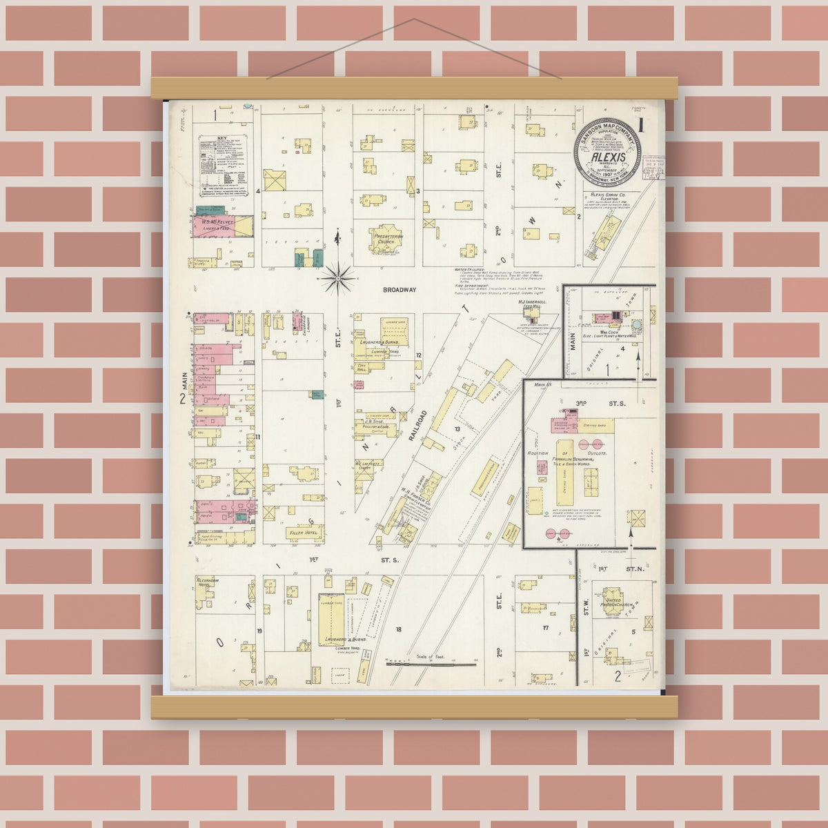 Old map wall art mockup — magnetic wood frame on brick wall — Sanborn Fire Insurance Map from Alexis, Warren County, Illinois (1907), Sheet #0001