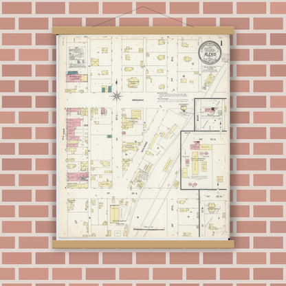 Old map wall art mockup — magnetic wood frame on brick wall — Sanborn Fire Insurance Map from Alexis, Warren County, Illinois (1907), Sheet #0001