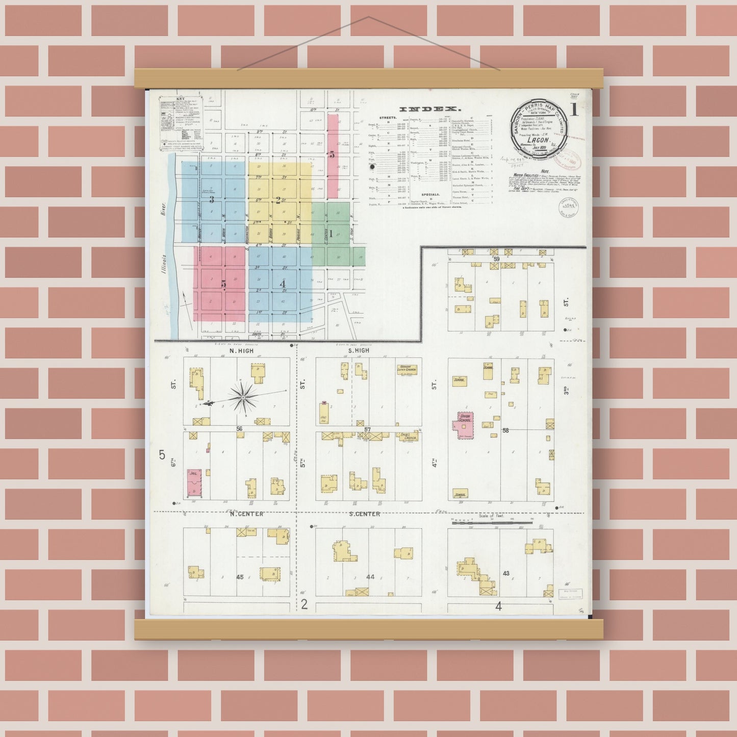 Old map wall art mockup — magnetic wood frame on brick wall — Sanborn Fire Insurance Map from Lacon, Marshall County, Illinois (1899), Sheet #0001