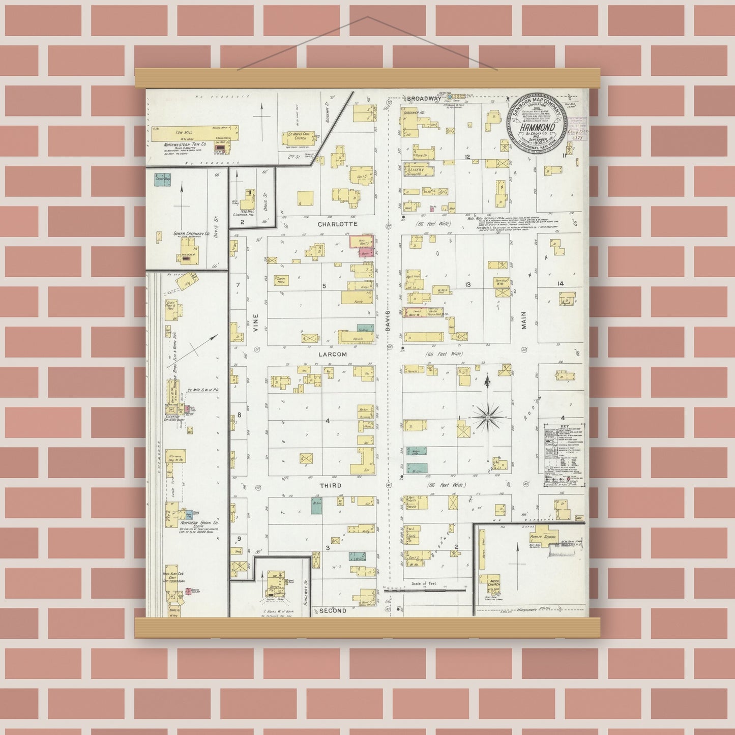 Old map wall art mockup — magnetic wood frame on brick wall — Sanborn Fire Insurance Map from Hammond, St. Croix County, Wisconsin (1902), Sheet #0001