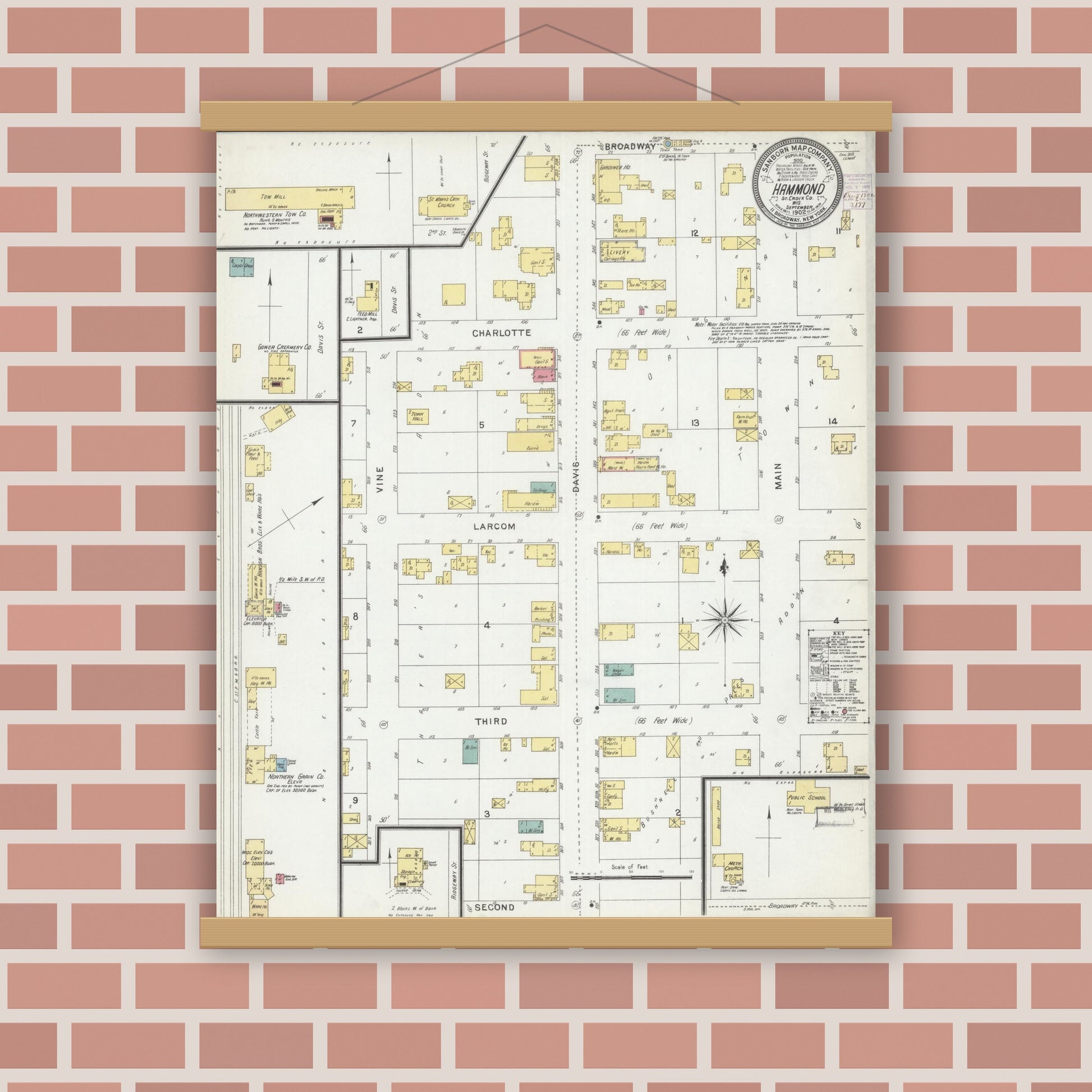 Old map wall art mockup — magnetic wood frame on brick wall — Sanborn Fire Insurance Map from Hammond, St. Croix County, Wisconsin (1902), Sheet #0001