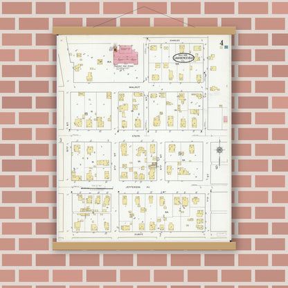 Old map wall art mockup — magnetic wood frame on brick wall — Sanborn Fire Insurance Map from Lawrenceville, Lawrence County, Illinois (1918), Sheet #0004