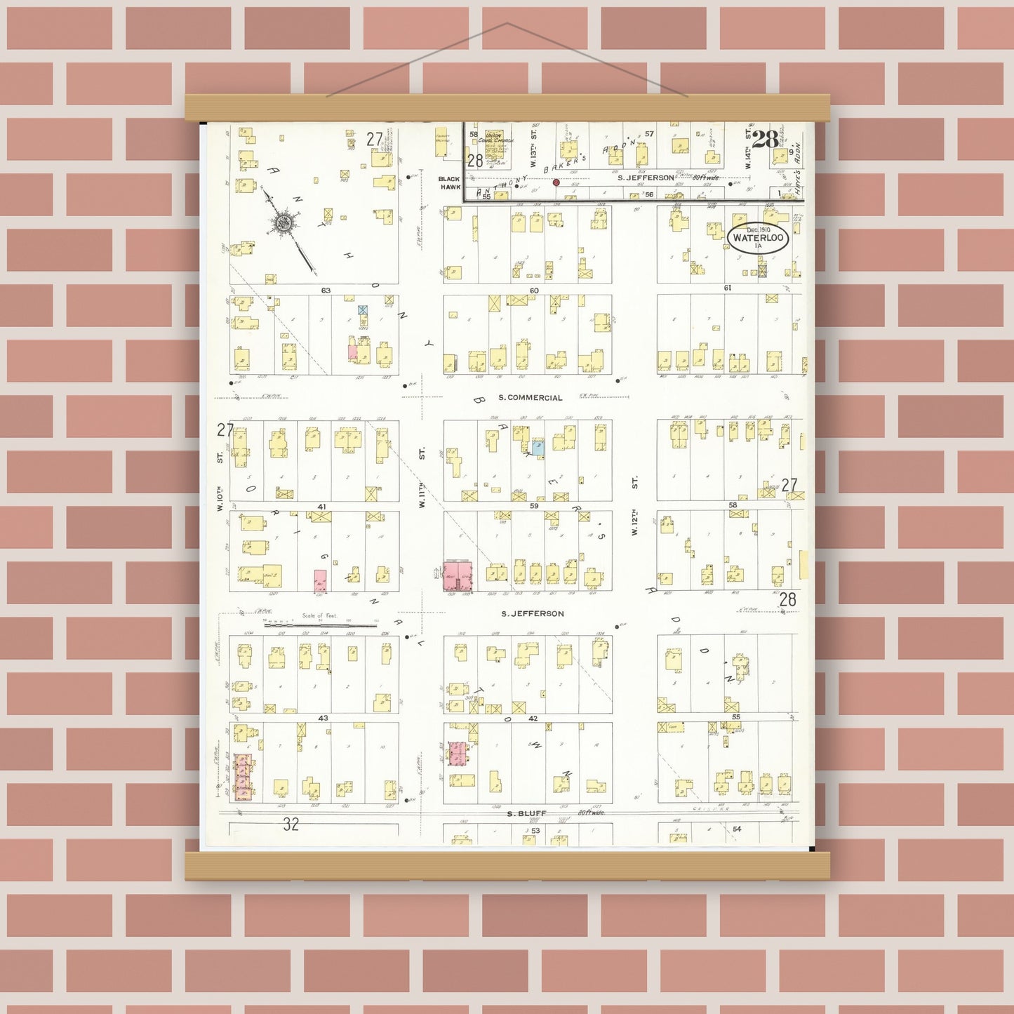 Old map wall art mockup — magnetic wood frame on brick wall — Sanborn Fire Insurance Map from Waterloo, Black Hawk County, Iowa (1910), Sheet #0028