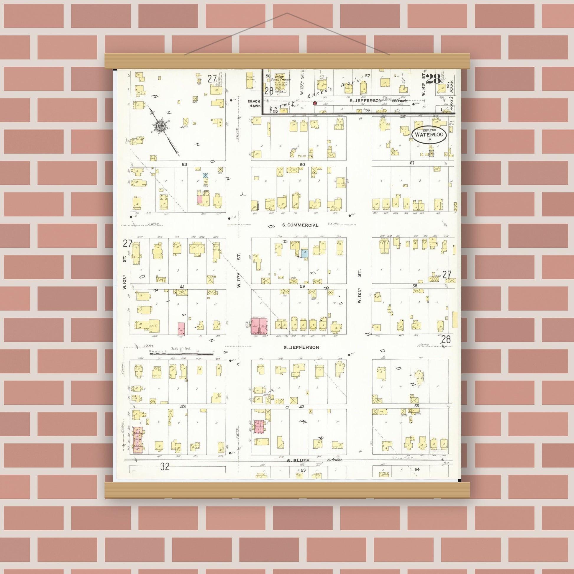 Old map wall art mockup — magnetic wood frame on brick wall — Sanborn Fire Insurance Map from Waterloo, Black Hawk County, Iowa (1910), Sheet #0028