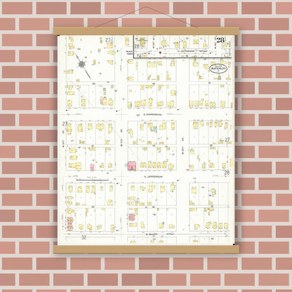 Old map wall art mockup — magnetic wood frame on brick wall — Sanborn Fire Insurance Map from Waterloo, Black Hawk County, Iowa (1910), Sheet #0028