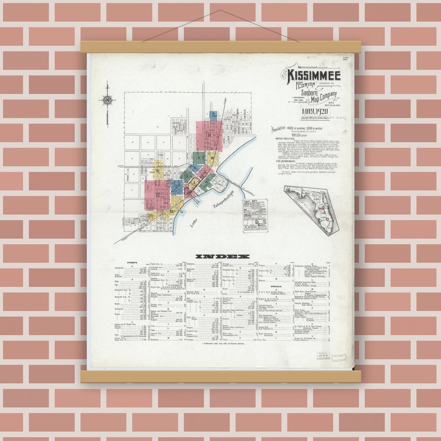 Old map wall art mockup — magnetic wood frame on brick wall — Sanborn Fire Insurance Map from Kissimmee, Osceola County, Florida (1920) - Complete Map Set