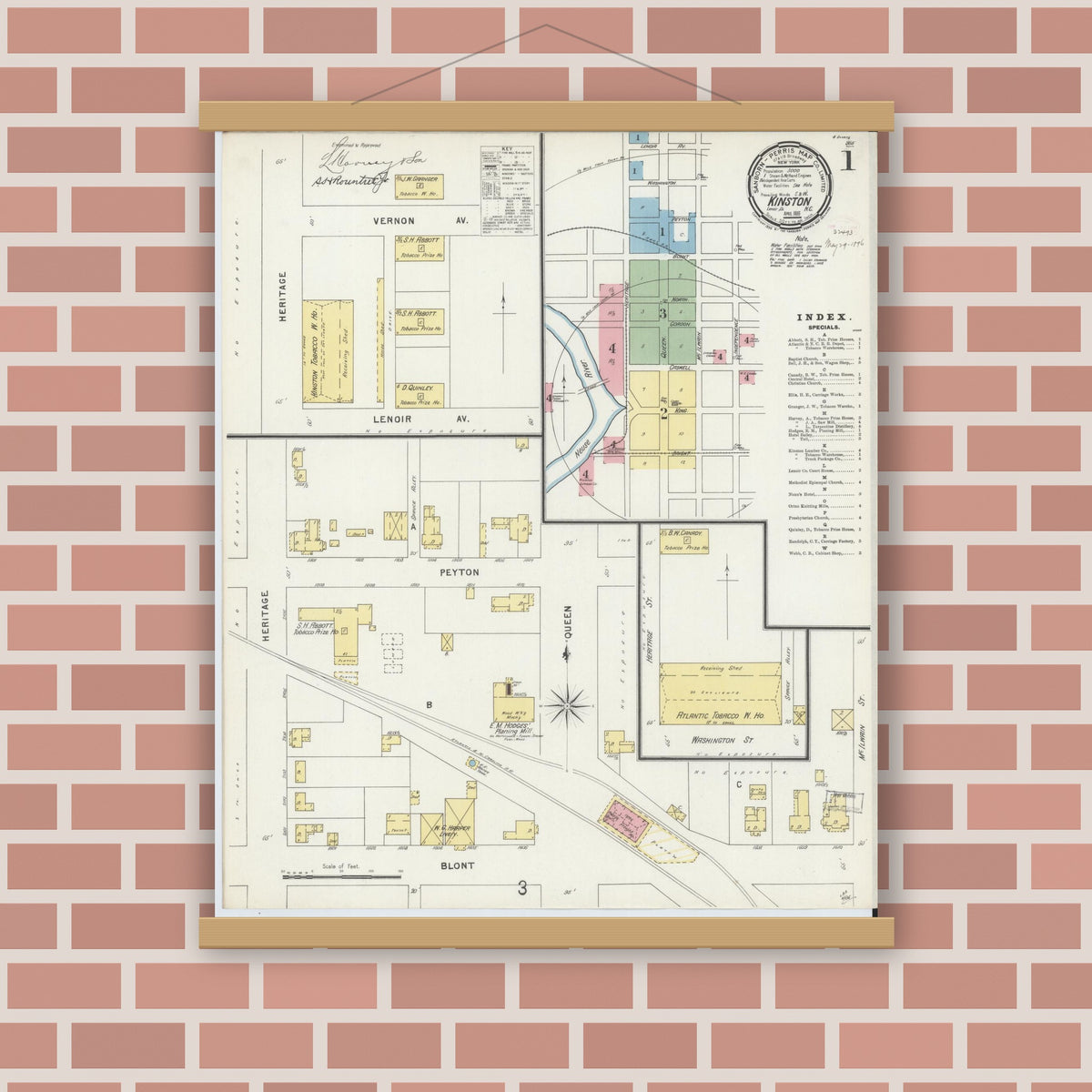 Old map wall art mockup — magnetic wood frame on brick wall — Sanborn Fire Insurance Map from Kinston, Lenoir County, North Carolina (1896) - Complete Map Set