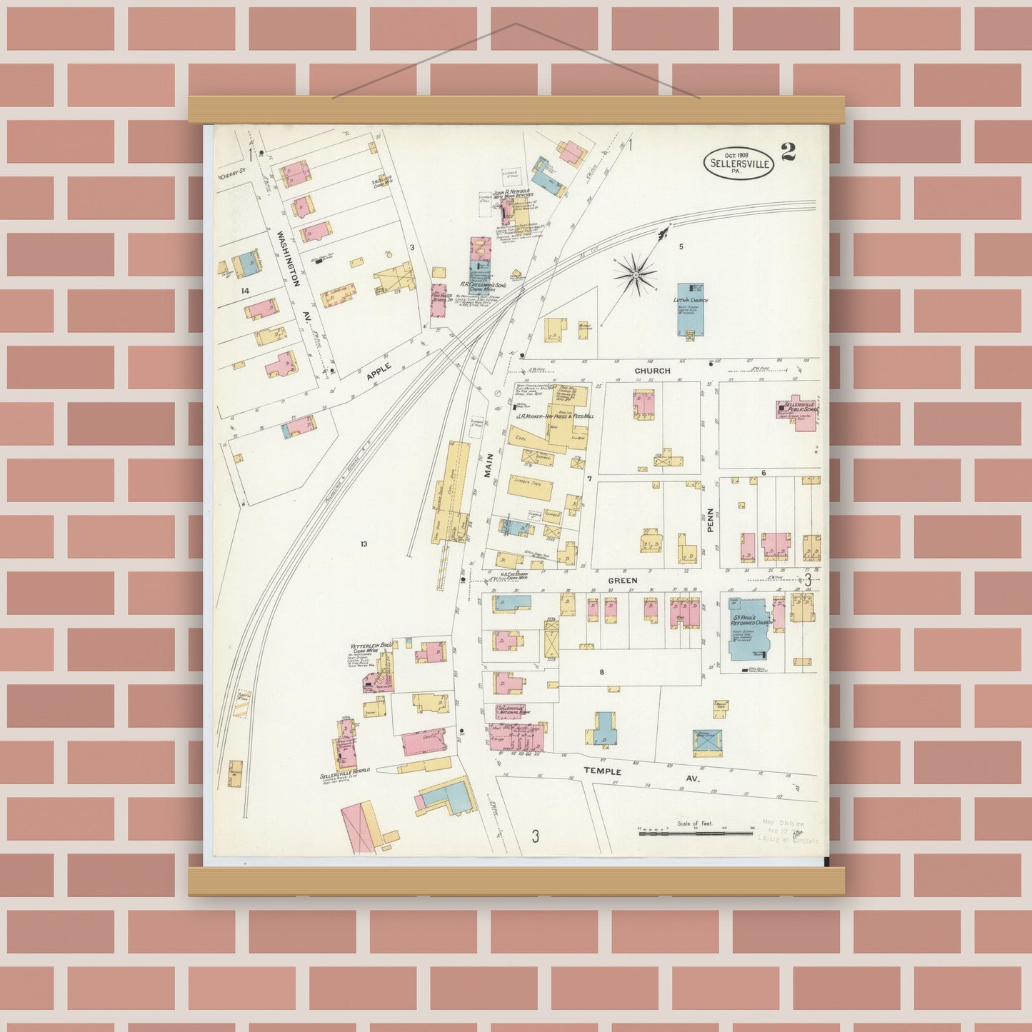Old map wall art mockup — magnetic wood frame on brick wall — Sanborn Fire Insurance Map from Sellersville, Bucks County, Pennsylvania (1908), Sheet #0002