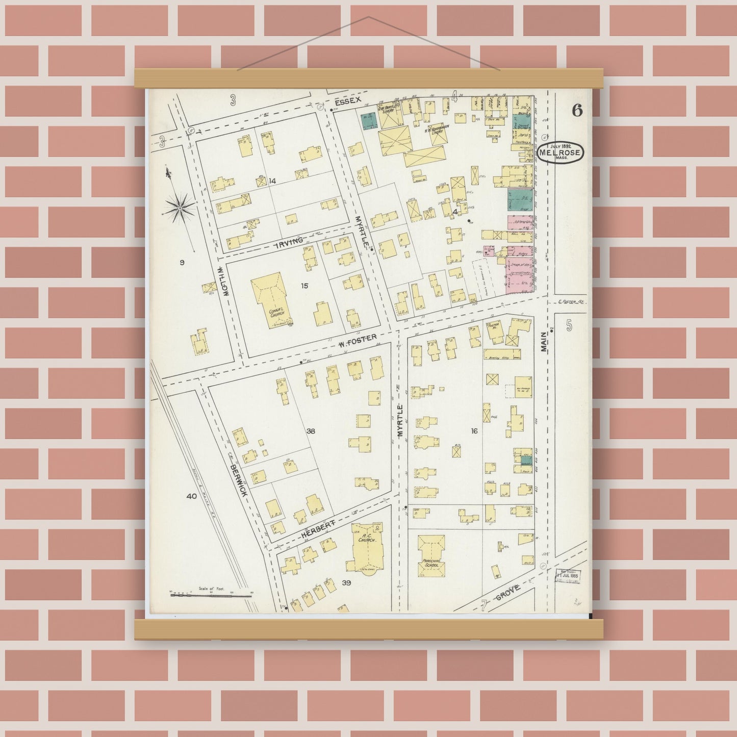 Old map wall art mockup — magnetic wood frame on brick wall — Sanborn Fire Insurance Map from Melrose, Middlesex County, Massachusetts (1892), Sheet #0006