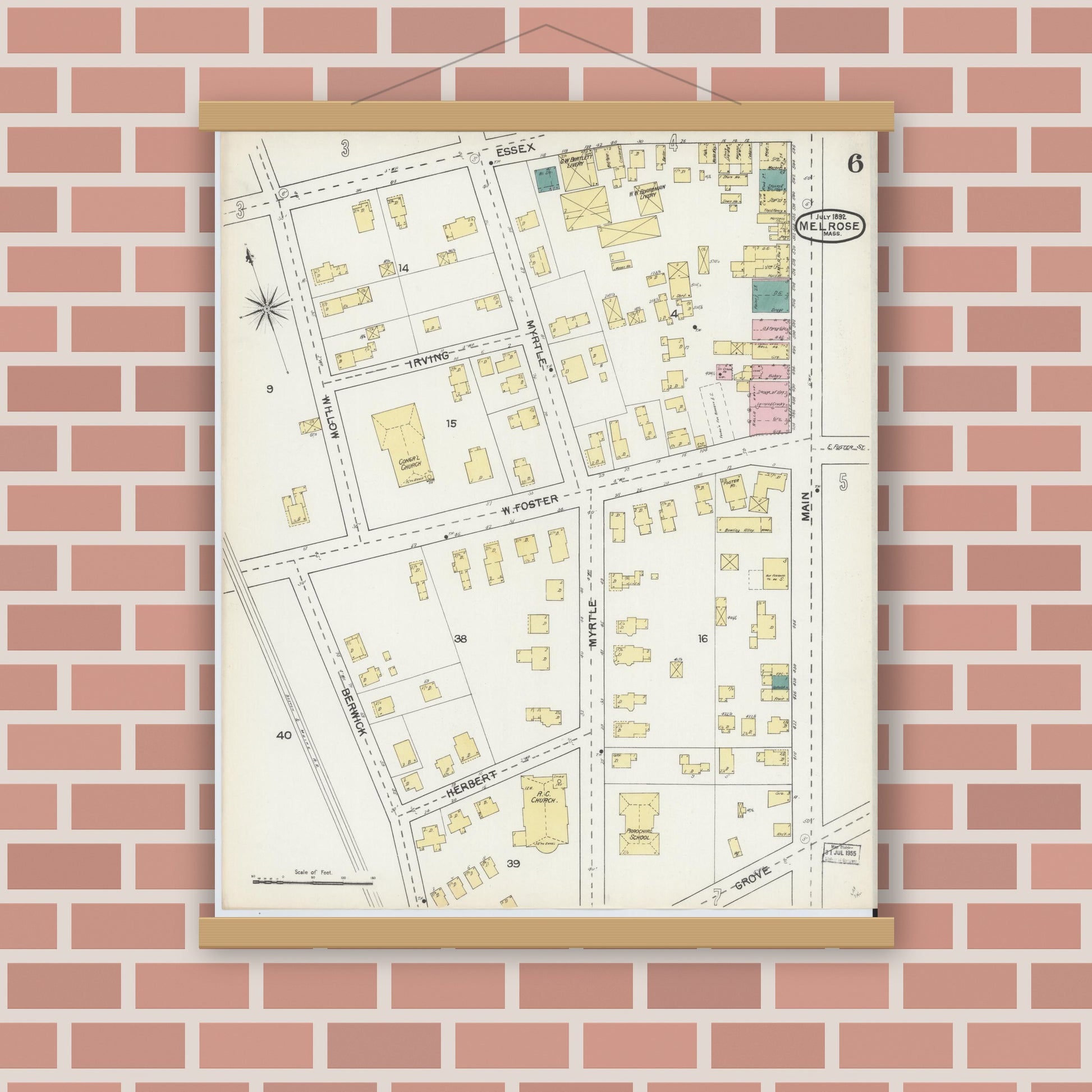Old map wall art mockup — magnetic wood frame on brick wall — Sanborn Fire Insurance Map from Melrose, Middlesex County, Massachusetts (1892), Sheet #0006