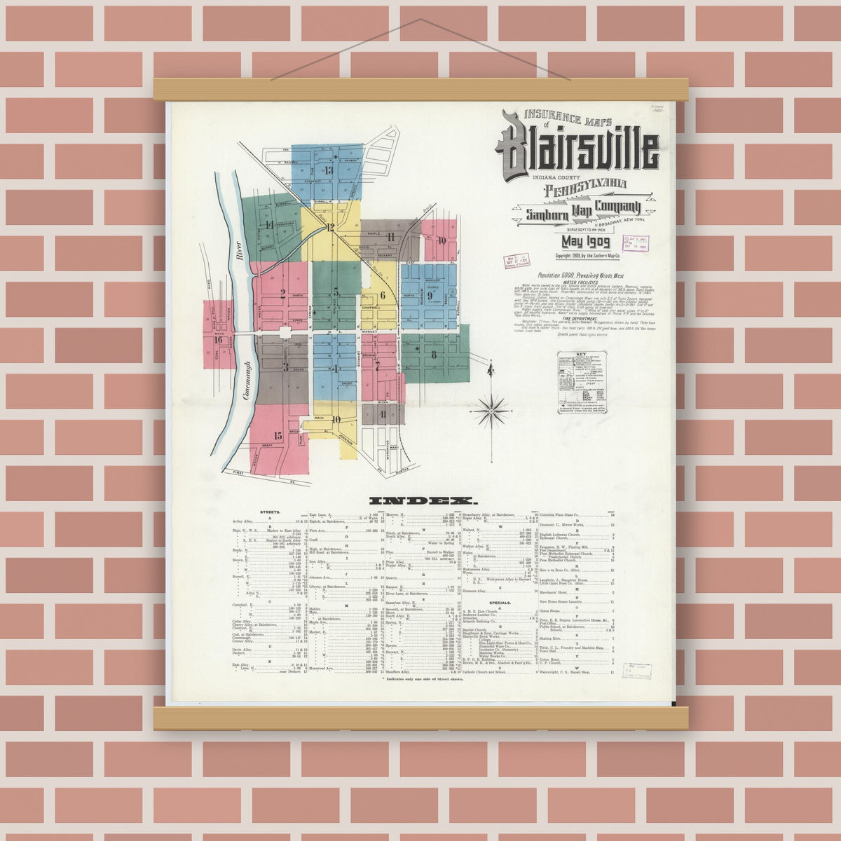 Old map wall art mockup — magnetic wood frame on brick wall — Sanborn Fire Insurance Map from Blairsville, Indiana County, Pennsylvania (1909) - Complete Map Set