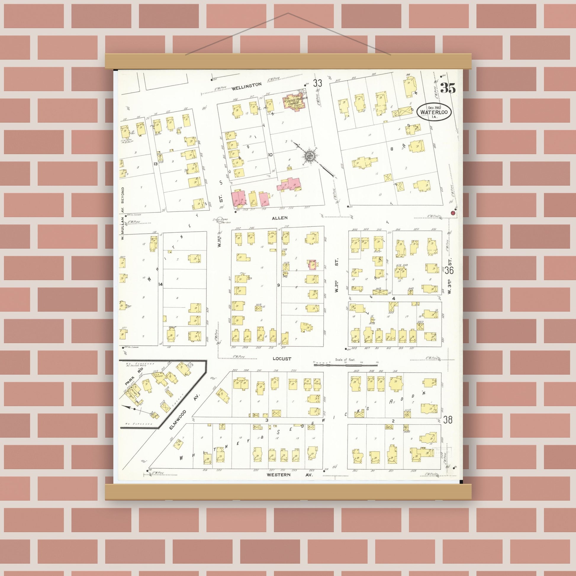 Old map wall art mockup — magnetic wood frame on brick wall — Sanborn Fire Insurance Map from Waterloo, Black Hawk County, Iowa (1910), Sheet #0035