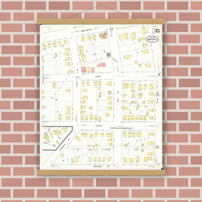 Old map wall art mockup — magnetic wood frame on brick wall — Sanborn Fire Insurance Map from Waterloo, Black Hawk County, Iowa (1910), Sheet #0035