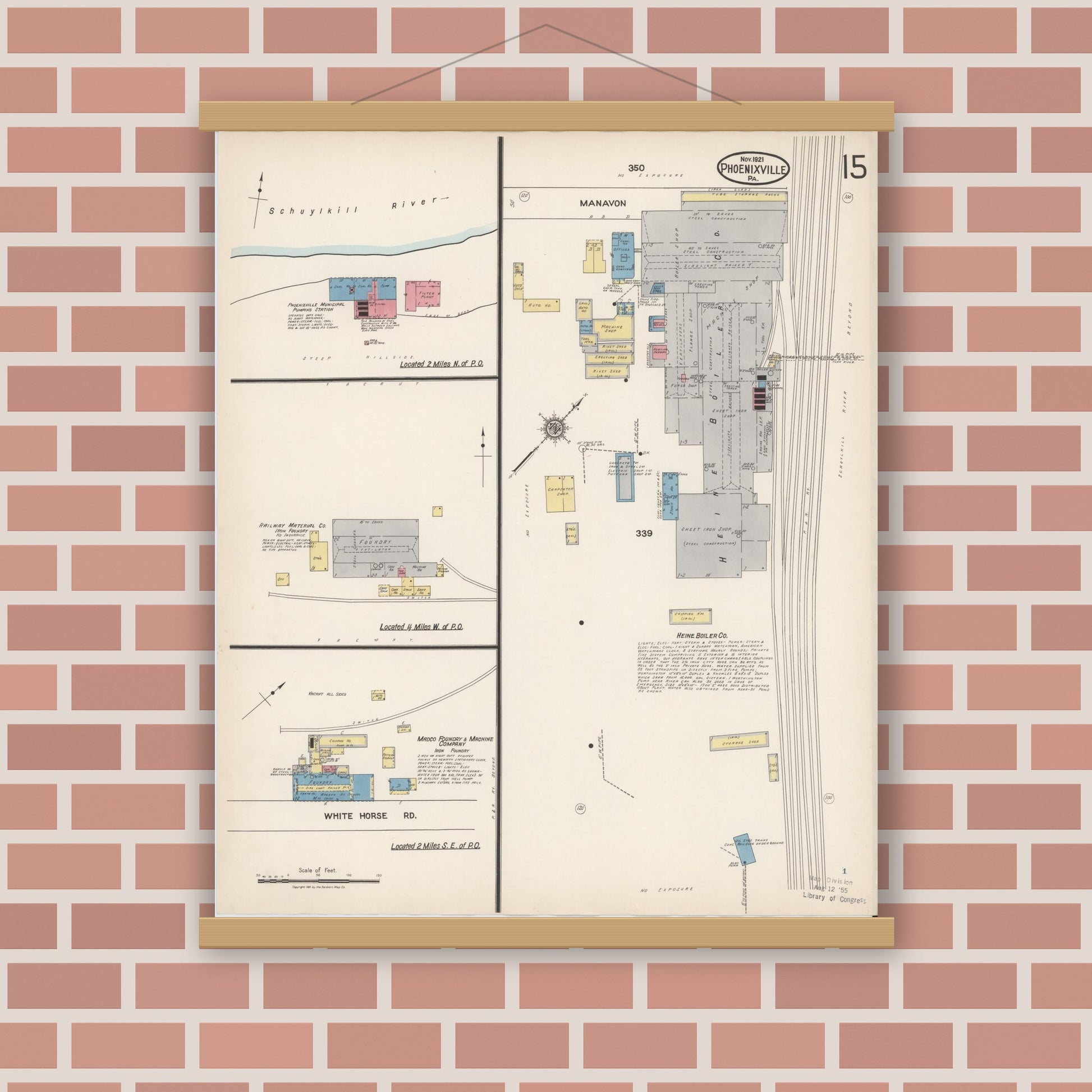 Old map wall art mockup — magnetic wood frame on brick wall — Sanborn Fire Insurance Map from Phoenixville, Chester County, Pennsylvania (1921), Sheet #0015