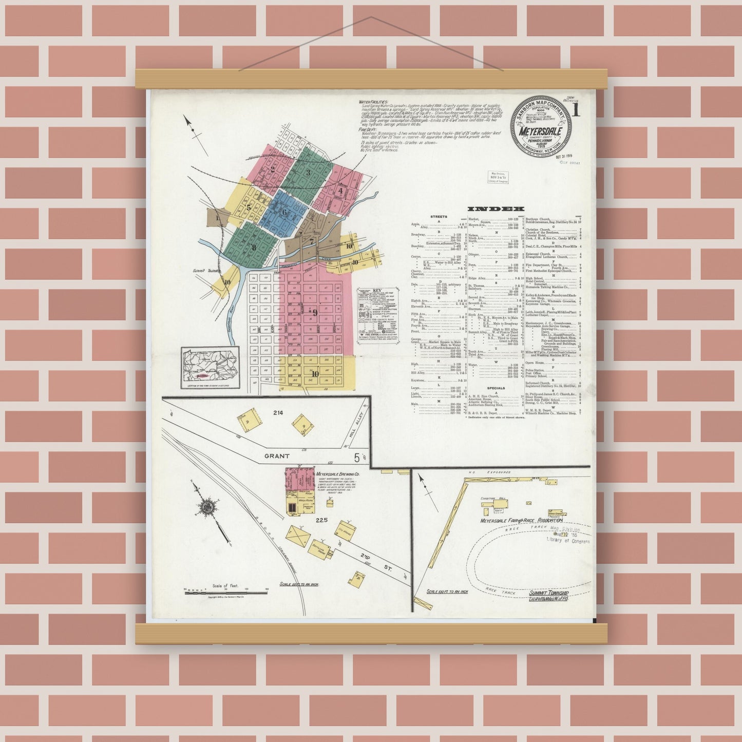 Old map wall art mockup — magnetic wood frame on brick wall — Sanborn Fire Insurance Map from Meyersdale, Somerset County, Pennsylvania (1919) - Complete Map Set