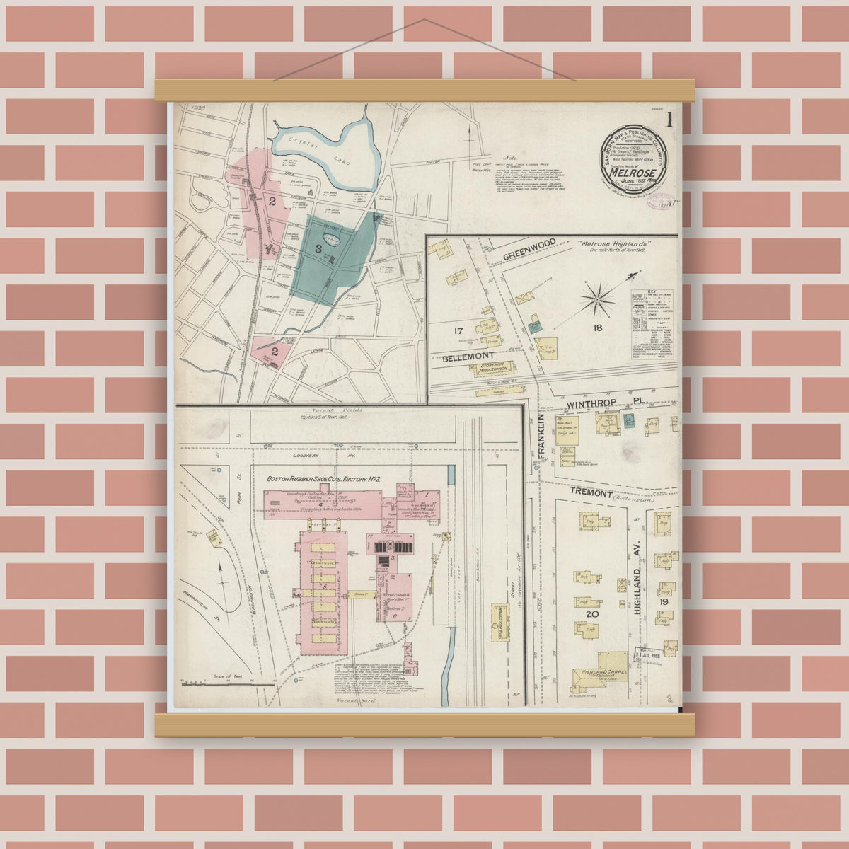 Old map wall art mockup — magnetic wood frame on brick wall — Sanborn Fire Insurance Map from Melrose, Middlesex County, Massachusetts (1887), Sheet #0001