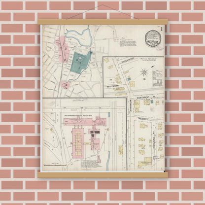 Old map wall art mockup — magnetic wood frame on brick wall — Sanborn Fire Insurance Map from Melrose, Middlesex County, Massachusetts (1887), Sheet #0001