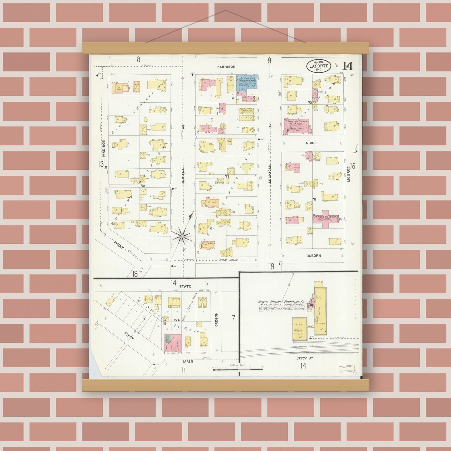 Old map wall art mockup — magnetic wood frame on brick wall — Sanborn Fire Insurance Map from La Porte, La Porte County, Indiana (1907), Sheet #0014