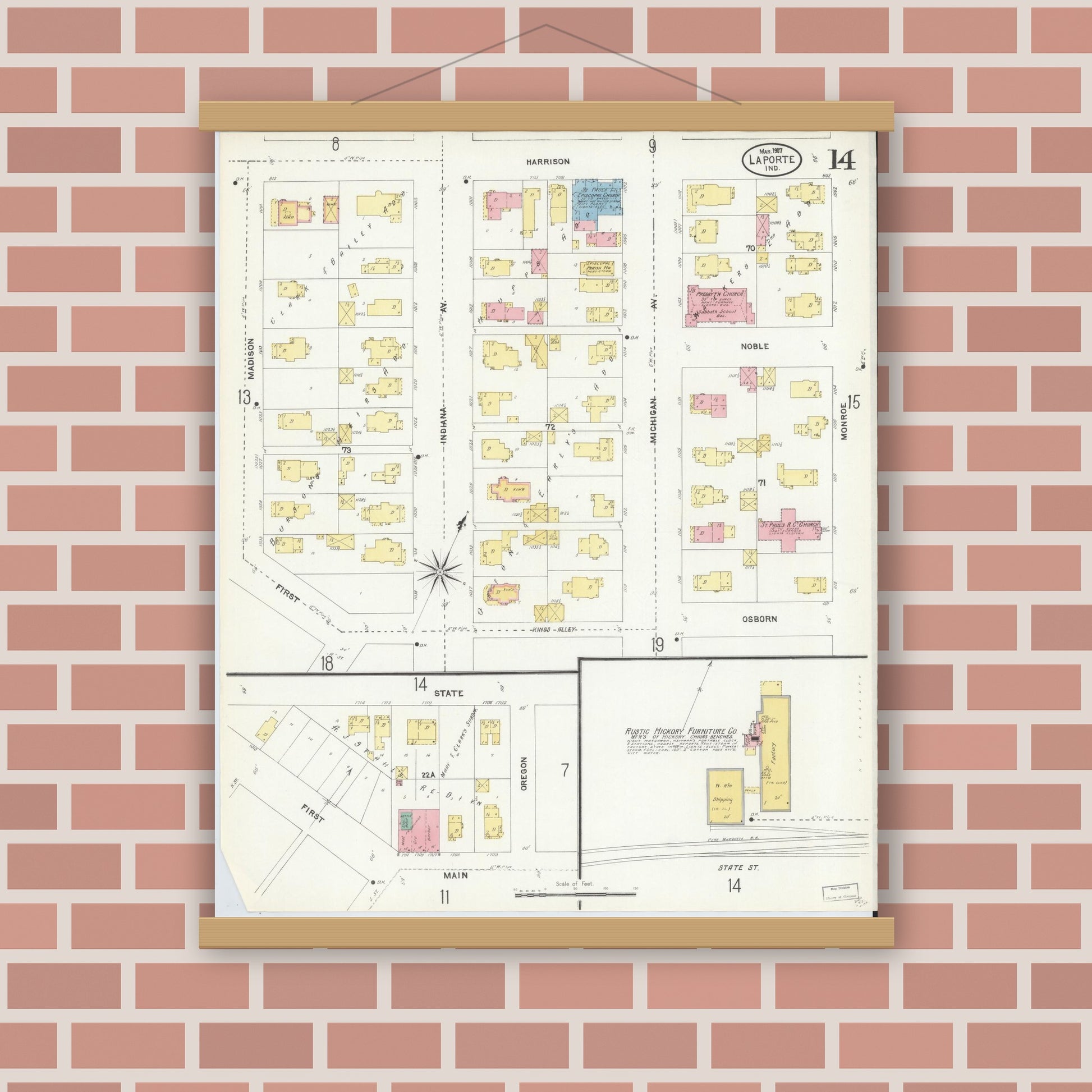 Old map wall art mockup — magnetic wood frame on brick wall — Sanborn Fire Insurance Map from La Porte, La Porte County, Indiana (1907), Sheet #0014