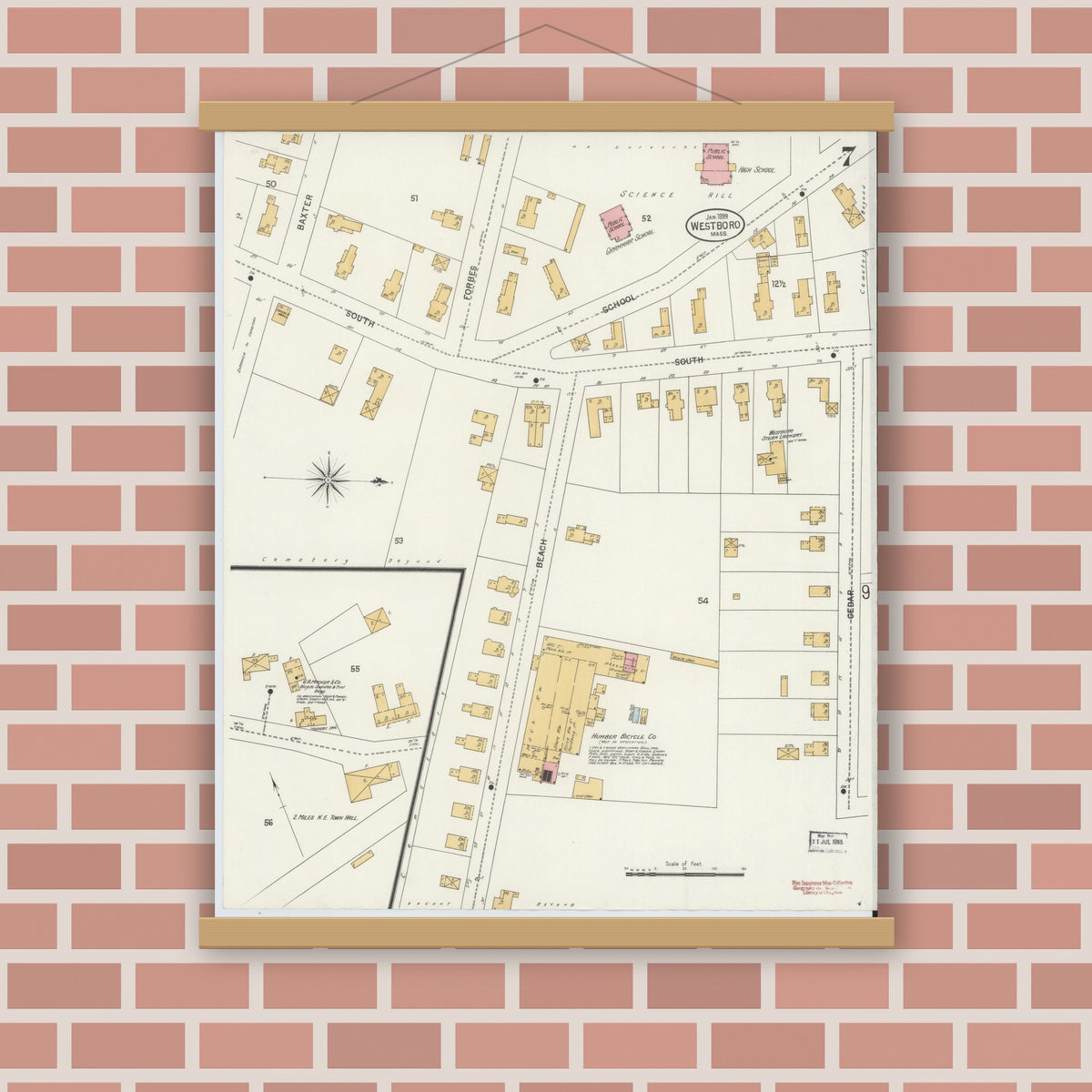 Old map wall art mockup — magnetic wood frame on brick wall — Sanborn Fire Insurance Map from Westboro, Worcester County, Massachusetts (1899), Sheet #0007