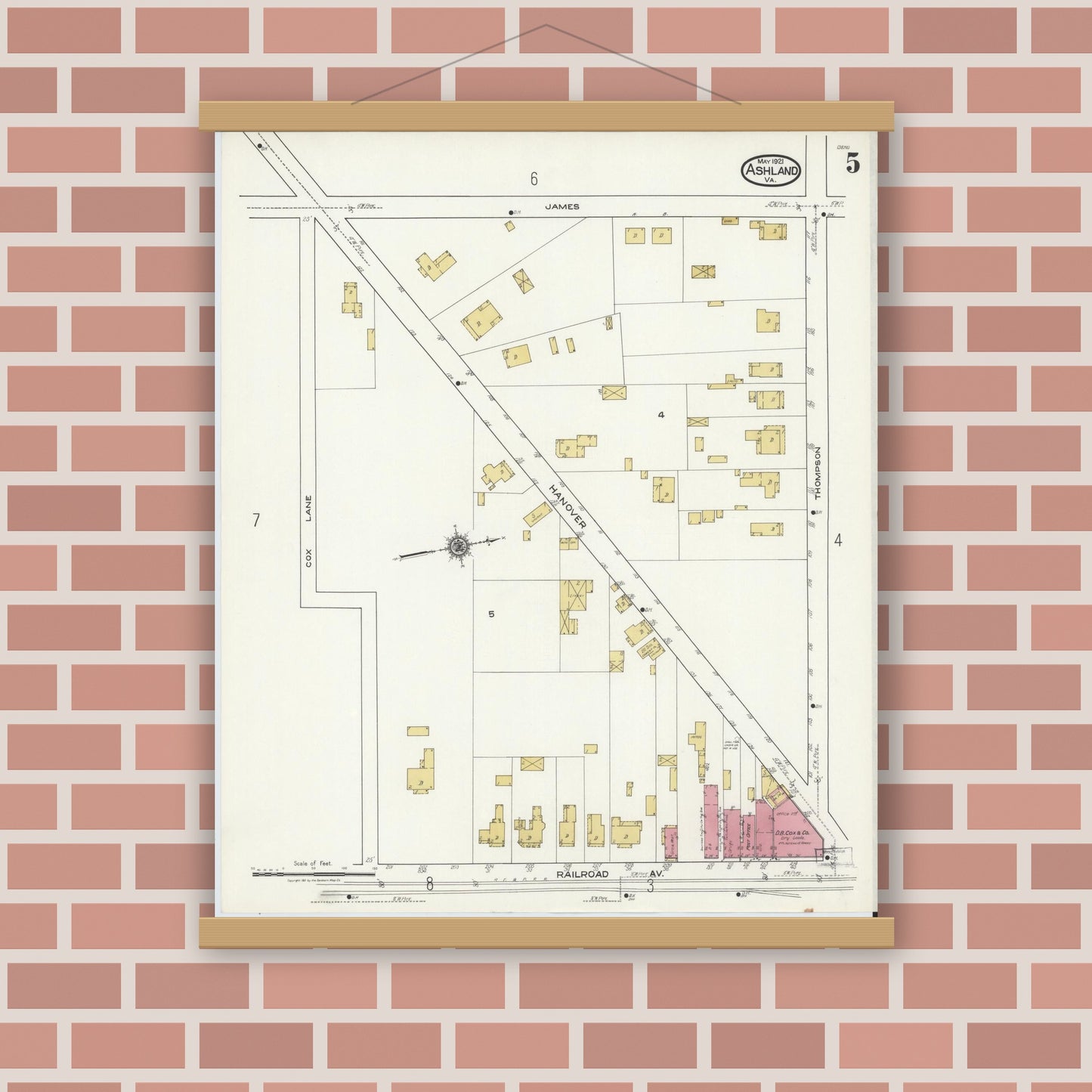 Old map wall art mockup — magnetic wood frame on brick wall — Sanborn Fire Insurance Map from Ashland, Hanover County, Virginia (1921), Sheet #0005